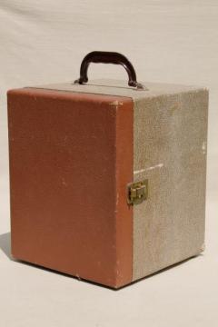 catalog photo of vintage travel case, record box suitcase, folding portable shelves display shelf