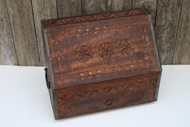 photo of vintage travel desk letter box, heavy carved wood w/ iron hardware bohemian decor #1