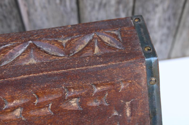 photo of vintage travel desk letter box, heavy carved wood w/ iron hardware bohemian decor #6