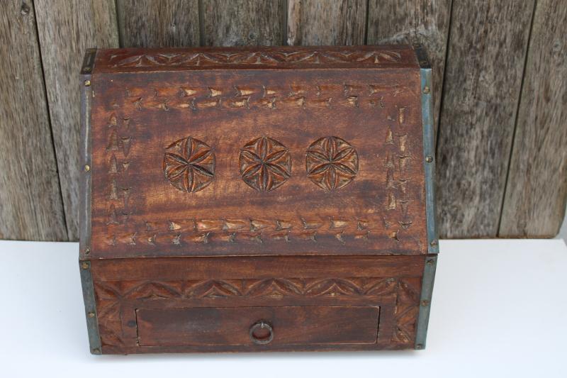 photo of vintage travel desk letter box, heavy carved wood w/ iron hardware bohemian decor #8