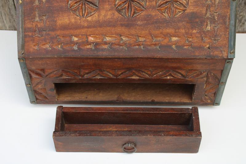 photo of vintage travel desk letter box, heavy carved wood w/ iron hardware bohemian decor #9