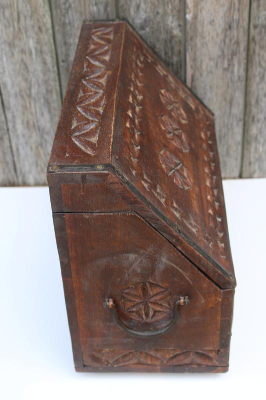 photo of vintage travel desk letter box, heavy carved wood w/ iron hardware bohemian decor #10