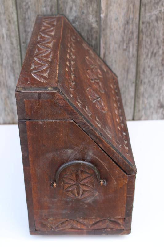 photo of vintage travel desk letter box, heavy carved wood w/ iron hardware bohemian decor #11