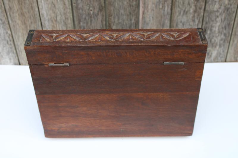 photo of vintage travel desk letter box, heavy carved wood w/ iron hardware bohemian decor #14