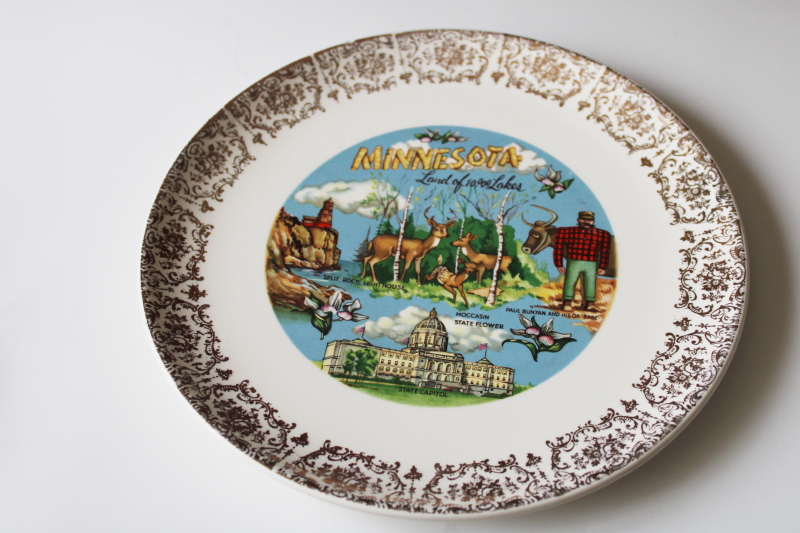 photo of vintage travel souvenir Minnesota state plate, 10,000 lakes woods w/ Paul Bunyan  #1