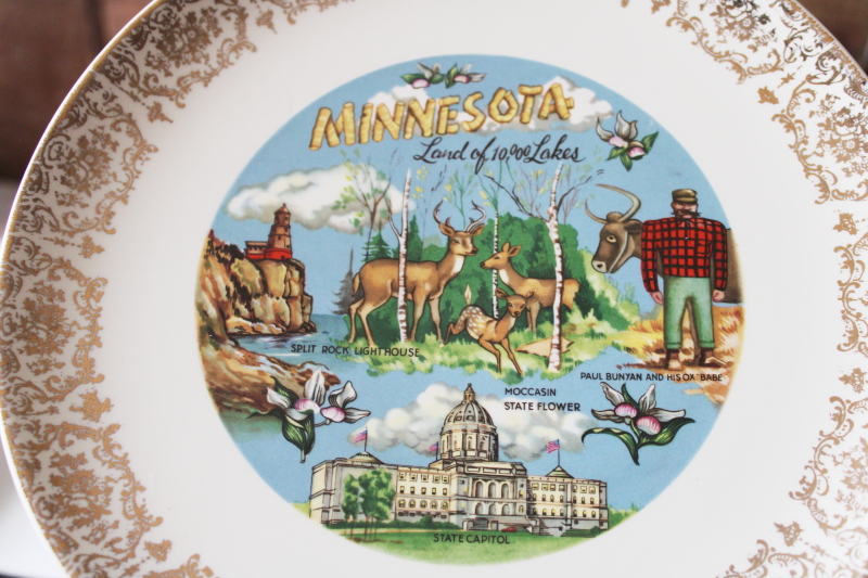 photo of vintage travel souvenir Minnesota state plate, 10,000 lakes woods w/ Paul Bunyan  #2