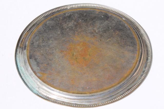 photo of vintage tray or round serving plate, worn antique tin silver wash over solid brass #6