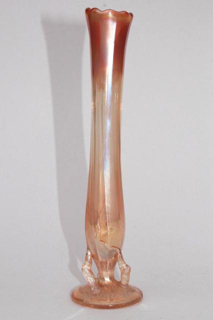 photo of vintage tree bark twig shape pressed glass bud vase, marigold luster carnival glass #1