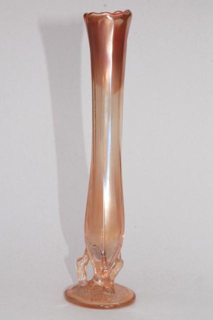 photo of vintage tree bark twig shape pressed glass bud vase, marigold luster carnival glass #2