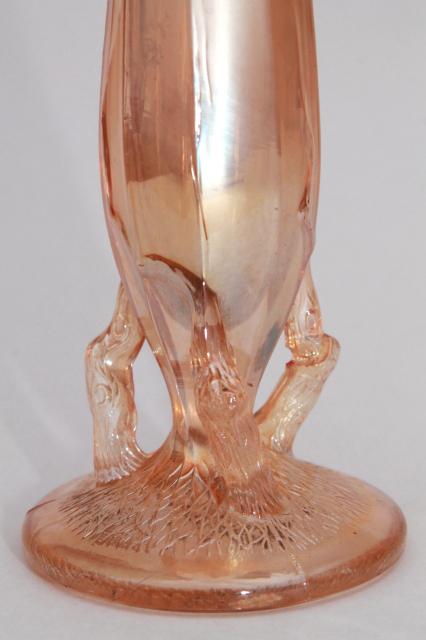 photo of vintage tree bark twig shape pressed glass bud vase, marigold luster carnival glass #3