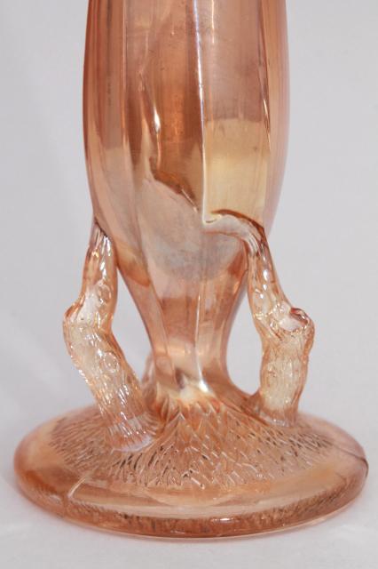 photo of vintage tree bark twig shape pressed glass bud vase, marigold luster carnival glass #4