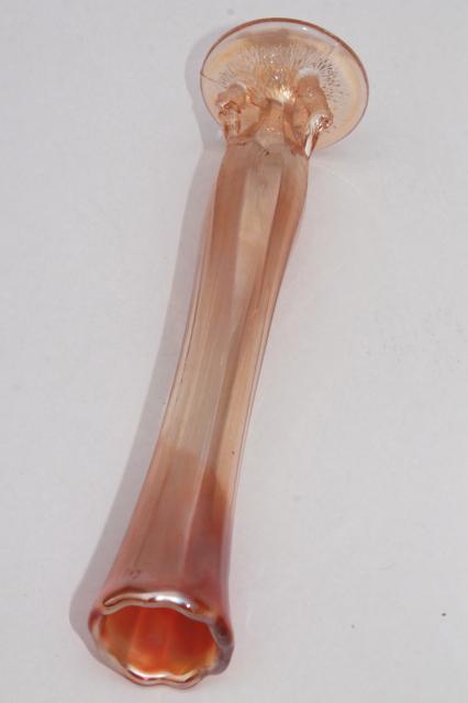 photo of vintage tree bark twig shape pressed glass bud vase, marigold luster carnival glass #5