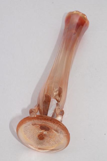 photo of vintage tree bark twig shape pressed glass bud vase, marigold luster carnival glass #6