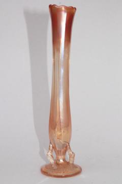 catalog photo of vintage tree bark twig shape pressed glass bud vase, marigold luster carnival glass