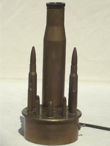 photo of vintage trench art lamp, WWII brass shell casings from artillery & rifles  #1