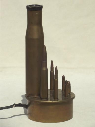 photo of vintage trench art lamp, WWII brass shell casings from artillery & rifles  #8