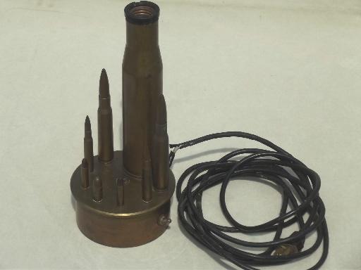 photo of vintage trench art lamp, WWII brass shell casings from artillery & rifles  #9