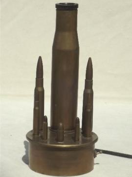 catalog photo of vintage trench art lamp, WWII brass shell casings from artillery & rifles 