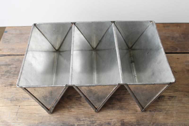 photo of vintage triple loaf pan, triangle shape baking cake or bread pan, tinned steel food mold #1