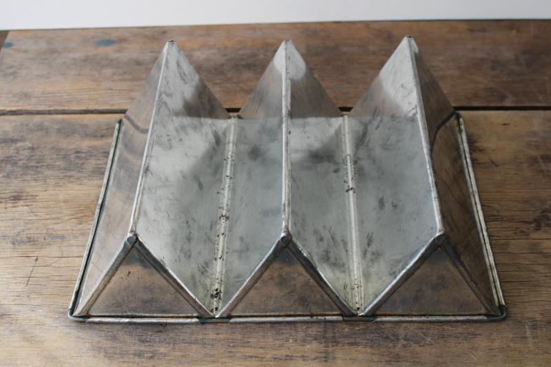 photo of vintage triple loaf pan, triangle shape baking cake or bread pan, tinned steel food mold #2