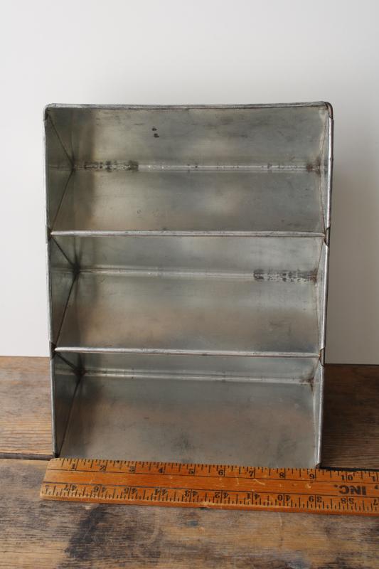 photo of vintage triple loaf pan, triangle shape baking cake or bread pan, tinned steel food mold #3