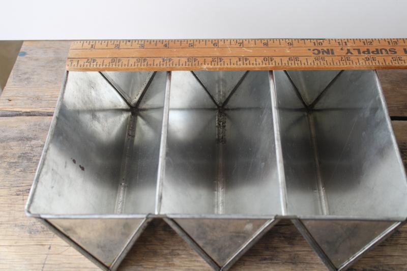 photo of vintage triple loaf pan, triangle shape baking cake or bread pan, tinned steel food mold #5