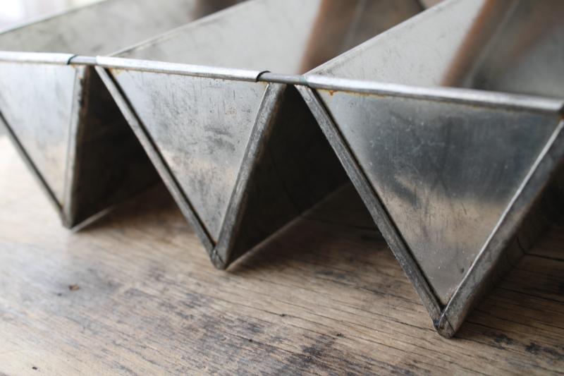 photo of vintage triple loaf pan, triangle shape baking cake or bread pan, tinned steel food mold #6