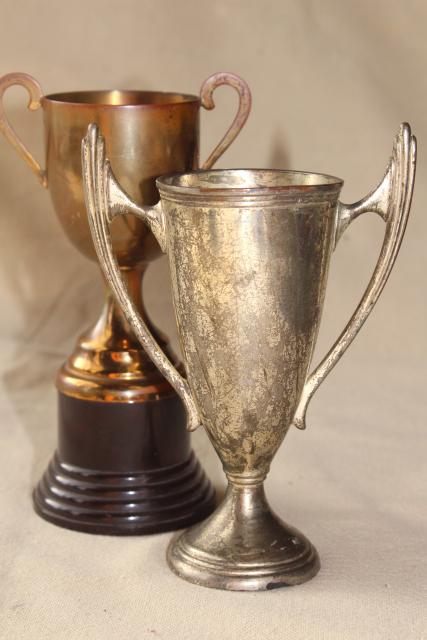 photo of vintage trophies, miniature trophy cup vases display urns w/ worn bronze & silver patina #1