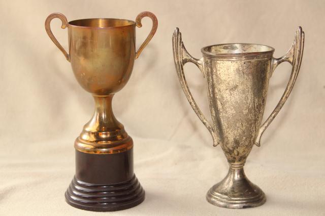 photo of vintage trophies, miniature trophy cup vases display urns w/ worn bronze & silver patina #2