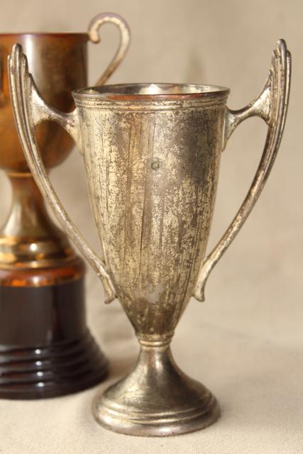 photo of vintage trophies, miniature trophy cup vases display urns w/ worn bronze & silver patina #4