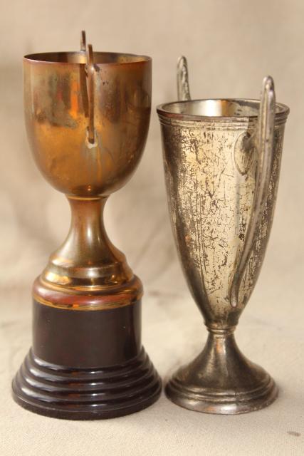 photo of vintage trophies, miniature trophy cup vases display urns w/ worn bronze & silver patina #5