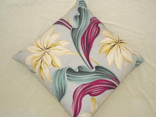 photo of vintage tropical leaves print cotton barkcloth pillow, feather filled #1