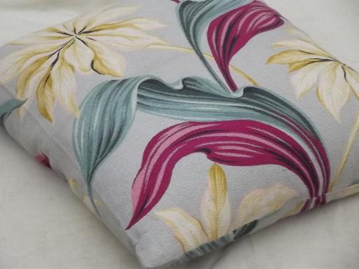 photo of vintage tropical leaves print cotton barkcloth pillow, feather filled #2