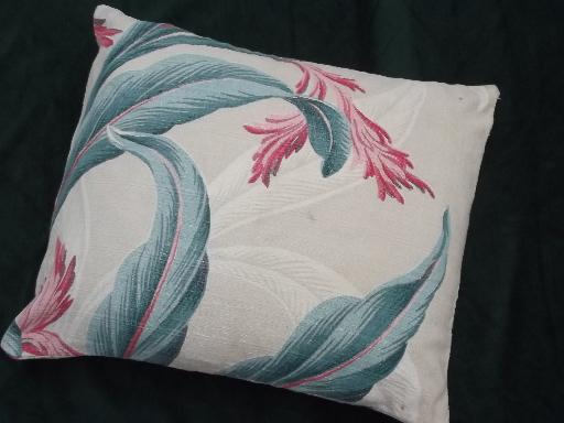 photo of vintage tropical leaves print cotton barkcloth pillow, feather filled #1