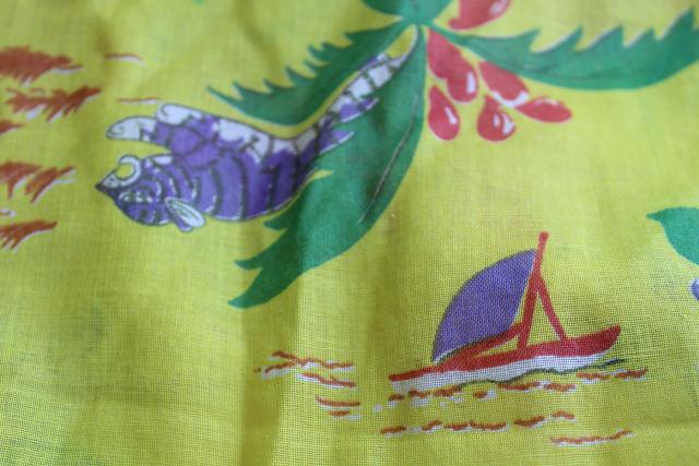 photo of vintage tropical print fabric, sheer light cotton w/ Bali tigers, volcanoes #3