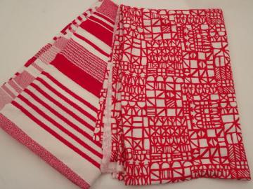 catalog photo of vintage t-shirt knit fabric, poly stretch jersey w/ retro red & white prints