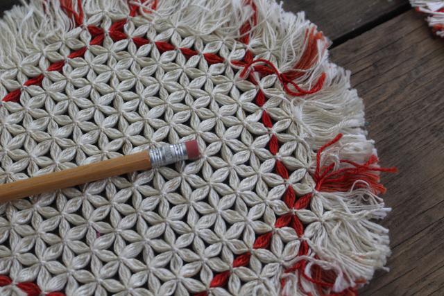 photo of vintage turkey red lamp table mats or hot mat trivets, knotted thread w/ tied fringe #2