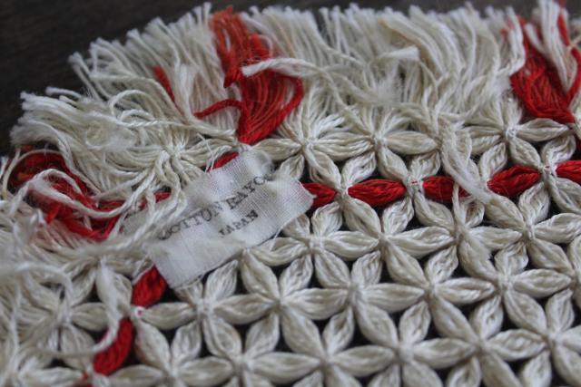 photo of vintage turkey red lamp table mats or hot mat trivets, knotted thread w/ tied fringe #3