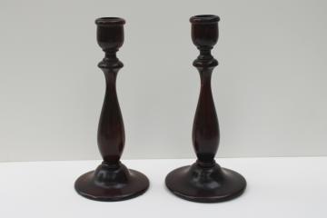 catalog photo of vintage turned wood candlesticks, hand crafted treen ware wooden candle holders