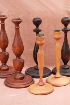 catalog photo of vintage turned wood candlesticks lot, collection of shapes, sizes & different woods