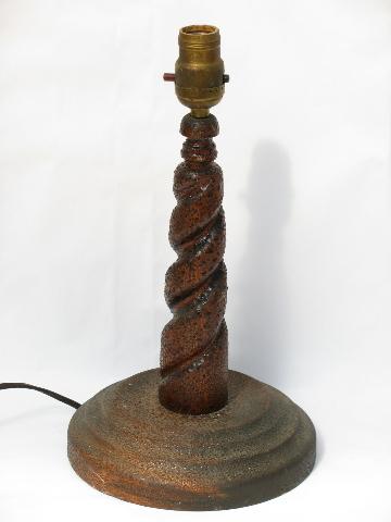 photo of vintage turned wood treenware lamp, antique early electric plug, socket #1