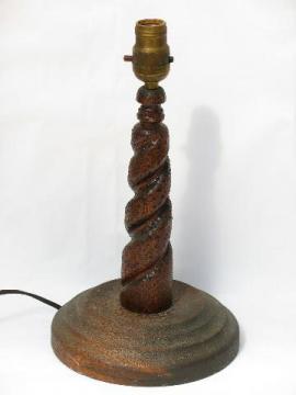 catalog photo of vintage turned wood treenware lamp, antique early electric plug, socket