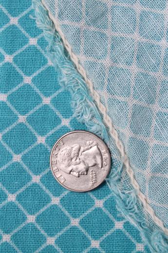 photo of vintage turquoise & white print cotton feedsack fabric, sewn sack w/ original chain stitching #2