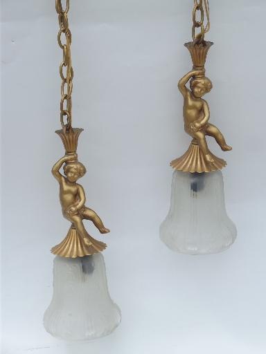 photo of vintage twin pendant light, gilt gold cast metal cherubs, very french! #1