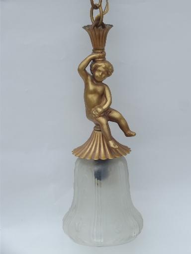 photo of vintage twin pendant light, gilt gold cast metal cherubs, very french! #2