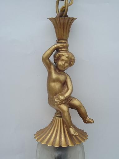 photo of vintage twin pendant light, gilt gold cast metal cherubs, very french! #3