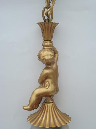 photo of vintage twin pendant light, gilt gold cast metal cherubs, very french! #4