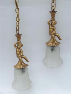 catalog photo of vintage twin pendant light, gilt gold cast metal cherubs, very french!