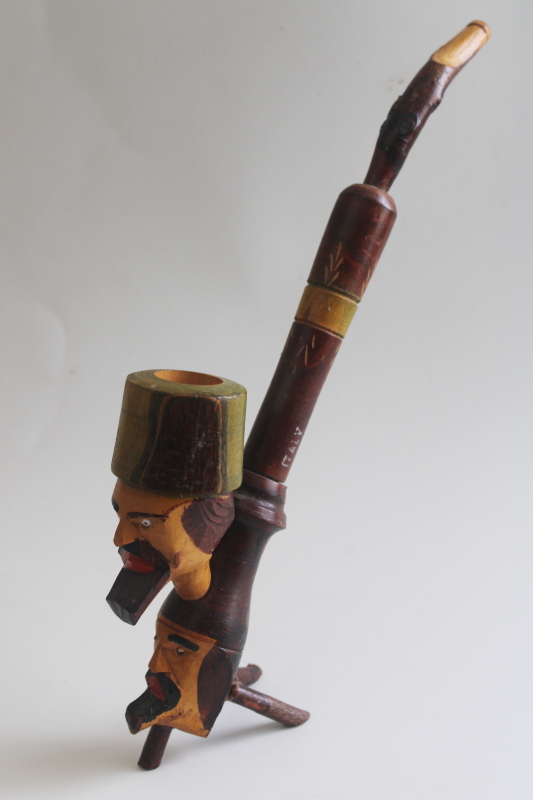 photo of vintage two heads bearded man smoking pipe made in Italy, carved wood hand painted folk art  #1