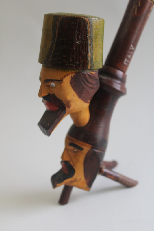 photo of vintage two heads bearded man smoking pipe made in Italy, carved wood hand painted folk art  #2